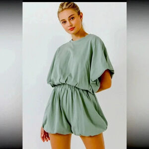 NWT Anthropologie Grey Lab Dolman Romper- Sage- Elastic Bubble/Balloon L.